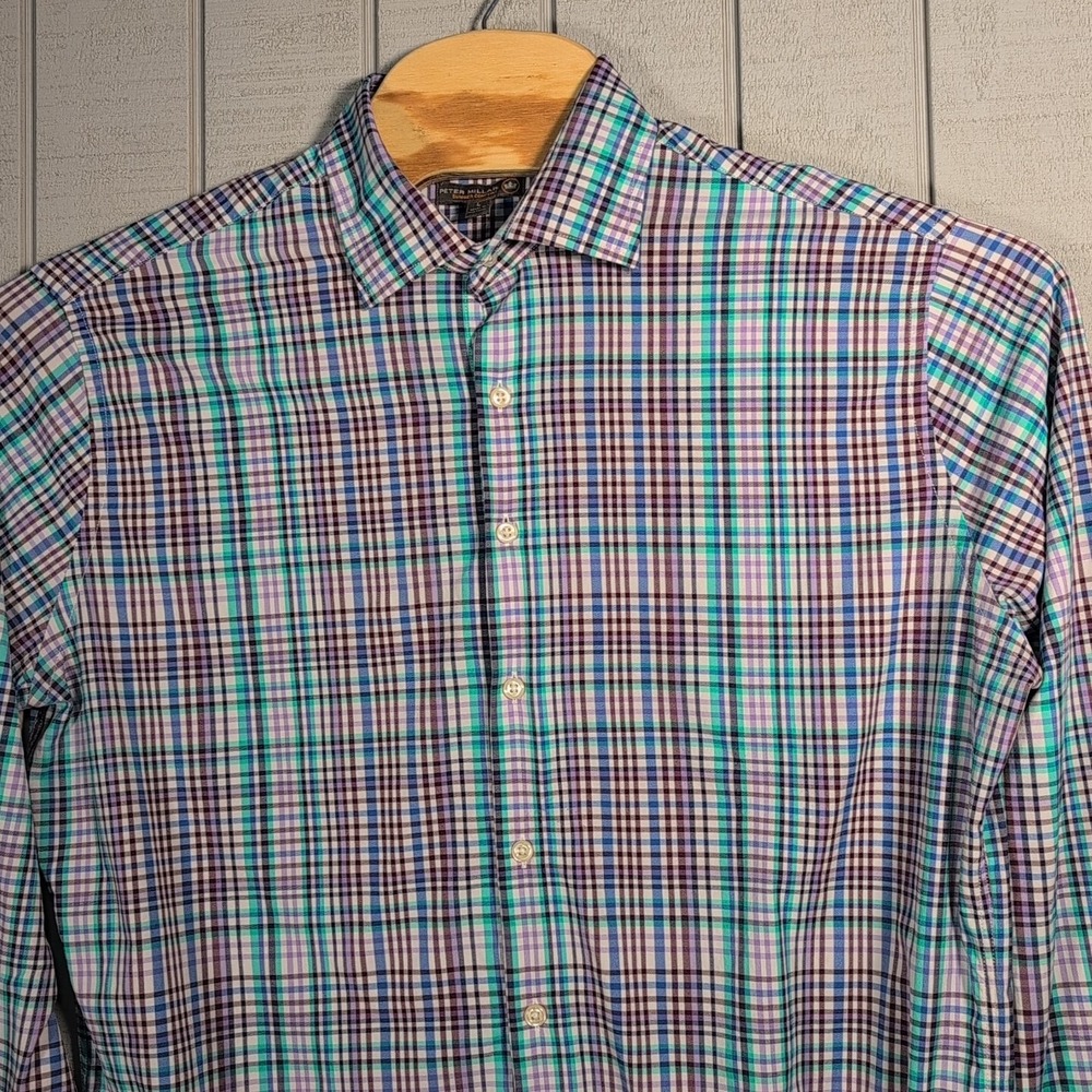 Peter Millar Mens Large Summer Comfort Button Down Plaid LS Shirt - Pelican L - Picture 10 of 12